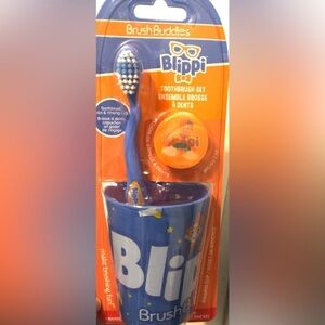 Blippi 3pc brush buddies soft ergonomic toothbrush, cap &‎ rinsing cup set new